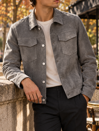 Giacca uomo trucker grigia con colletto a camicia e bottoni chiari a vista