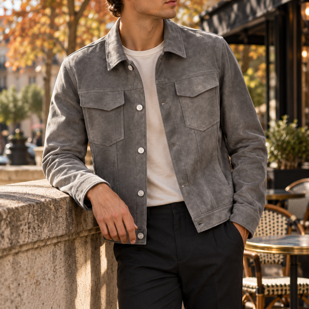 Giacca uomo trucker grigia con colletto a camicia e bottoni chiari a vista