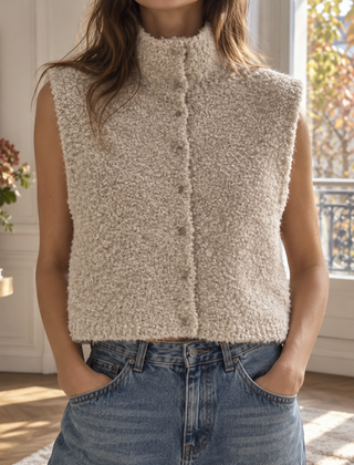 Gilet donna smanicato beige in maglia riccia con collo alto e bottoni