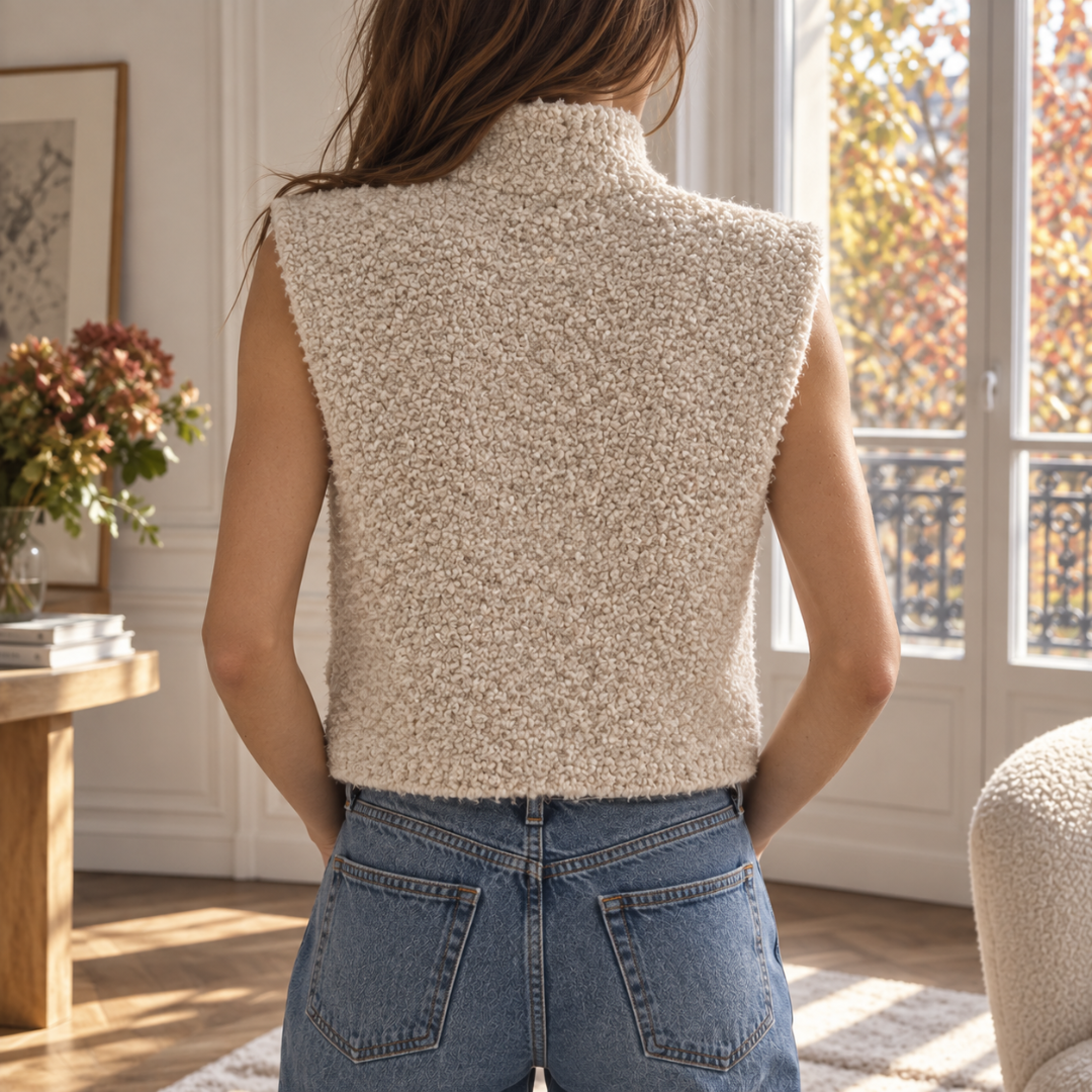Retro del gilet donna bianco in maglia riccia con collo alto
