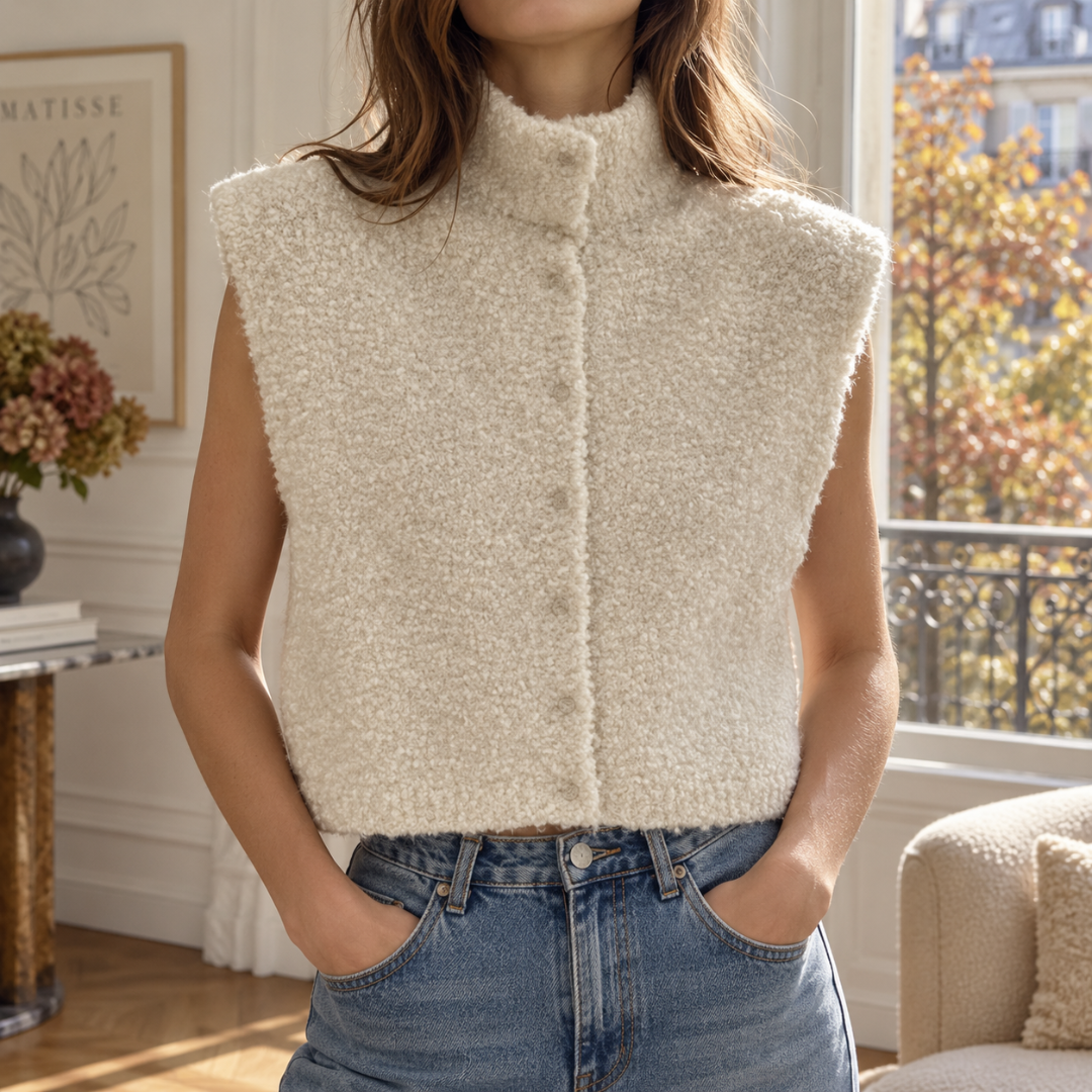 Dettaglio del gilet bianco smanicato con bordo a coste sul fondo