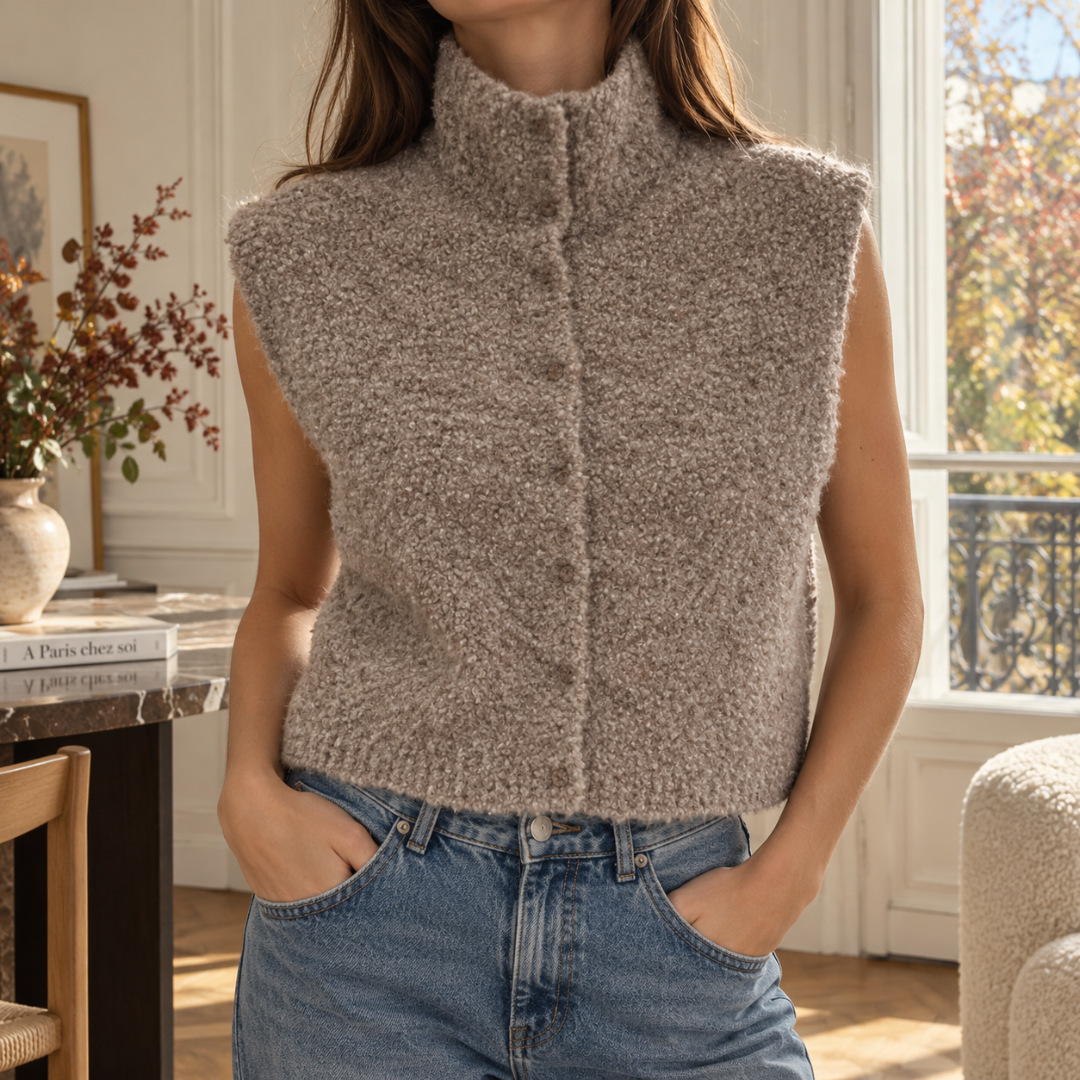 Gilet donna color caffè smanicato con collo alto e chiusura con bottoni