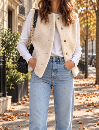 Gilet donna bianco effetto teddy con bottoni metallici, indossato aperto su T-shirt