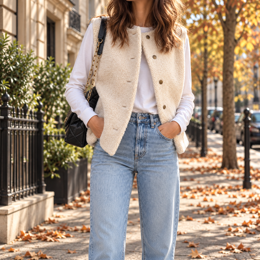 Gilet donna bianco effetto teddy con bottoni metallici, indossato aperto su T-shirt