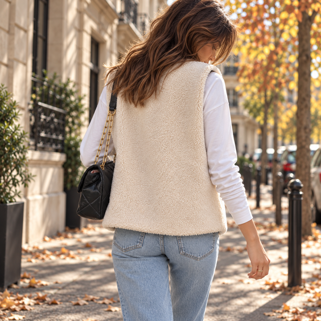 Vista posteriore del gilet donna bianco effetto teddy, schiena liscia e lunghezza ai fianchi