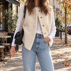 Dettaglio del gilet bianco effetto teddy con girocollo e chiusura a bottoni