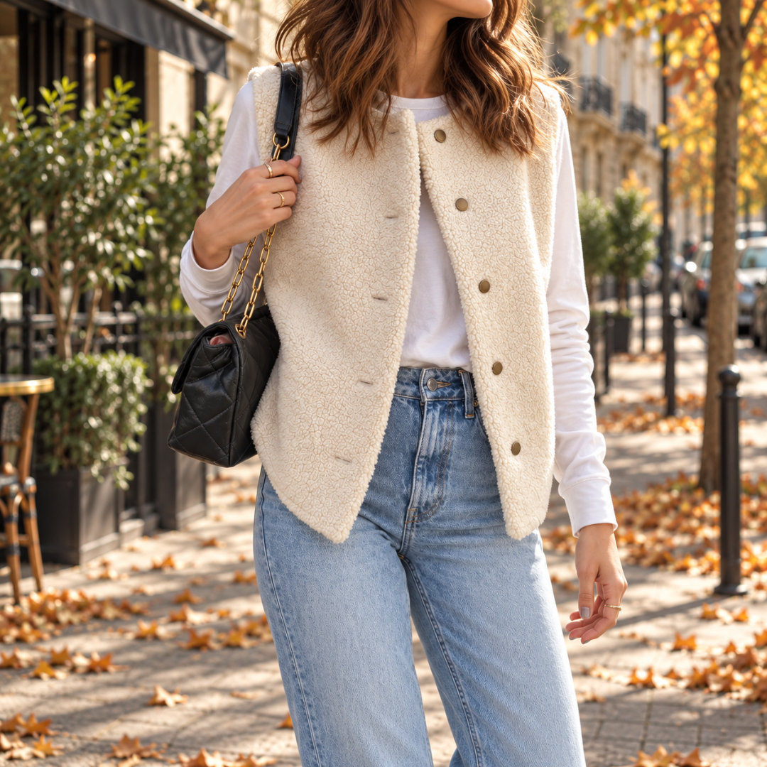 Gilet donna bianco aperto su pantaloni chiari, superficie morbida effetto teddy