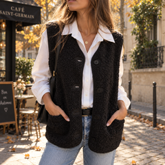 Gilet donna nero smanicato con scollo a V, bottoni a tono e tasche davanti