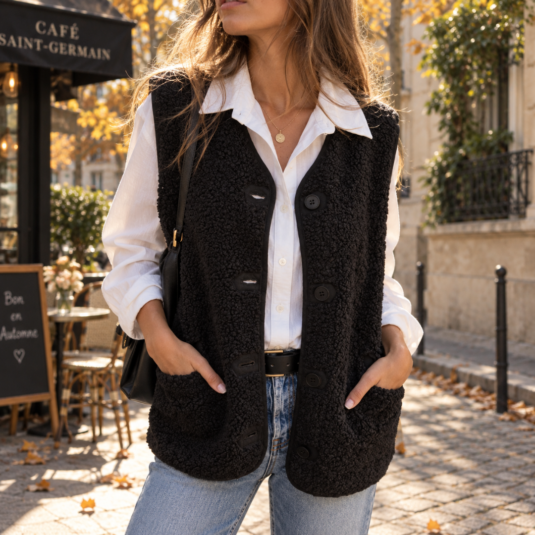 Gilet donna nero smanicato con scollo a V, bottoni a tono e tasche davanti
