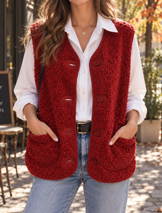 Gilet donna rosso senza maniche con bottoni a tono e tasche applicate sul davanti