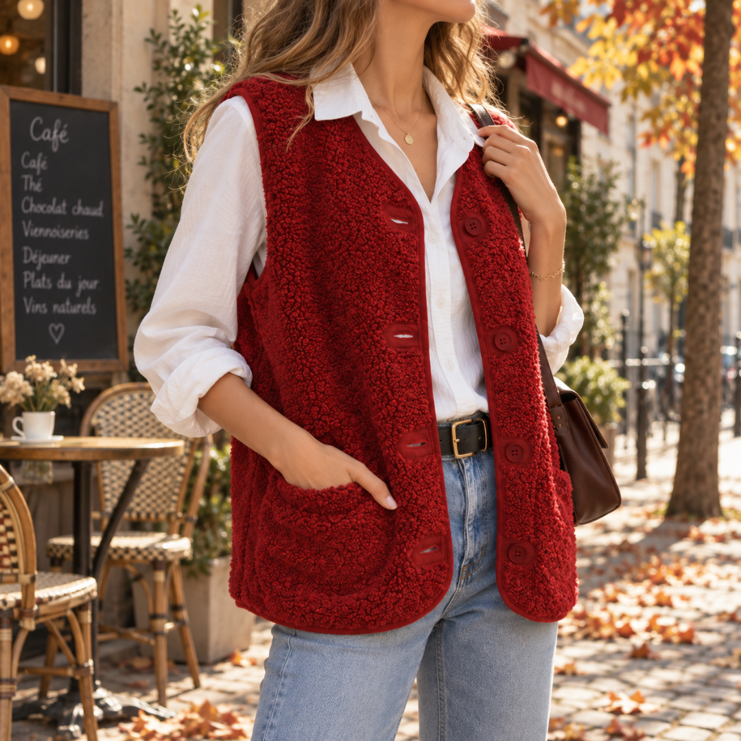 Gilet rosso effetto teddy portato aperto su camicia bianca e pantaloni chiari