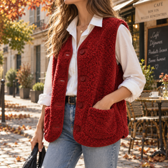 Dettaglio del gilet rosso con bordino liscio a tono, scollo a V e orlo arrotondato