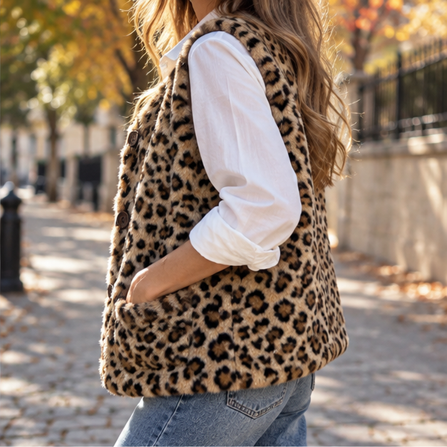 Gilet donna animalier smanicato visto di lato, mano in tasca su jeans chiari