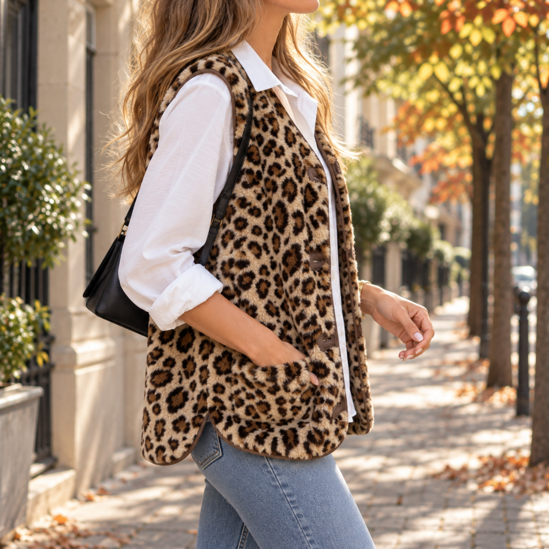 Gilet donna animalier visto di lato, con tasca applicata e orlo arrotondato