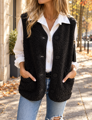 Gilet donna nero smanicato con scollo a V, bottoni e tasche sui fianchi