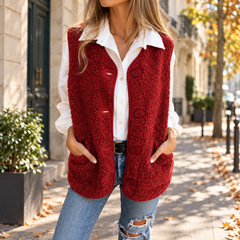 Gilet donna rosso smanicato con bottoni frontali e bordi rifiniti tono su tono
