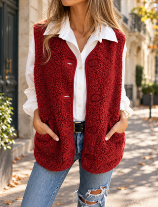 Gilet donna rosso smanicato con bottoni frontali e bordi rifiniti tono su tono