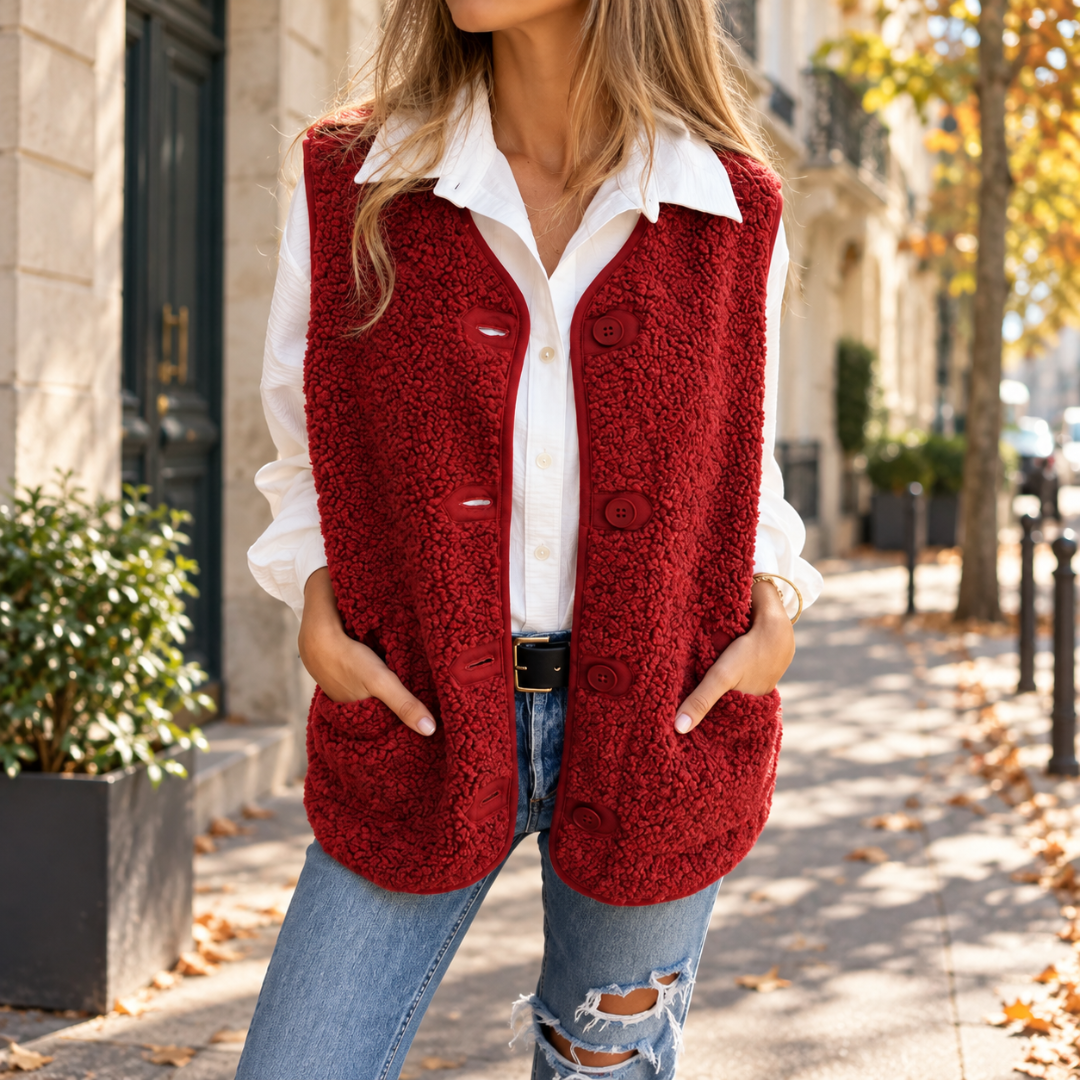 Gilet donna rosso smanicato con bottoni frontali e bordi rifiniti tono su tono