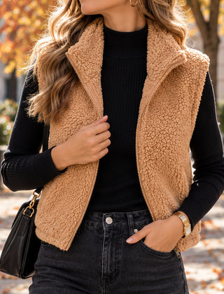 Gilet donna caramello smanicato con zip frontale aperta e collo alto