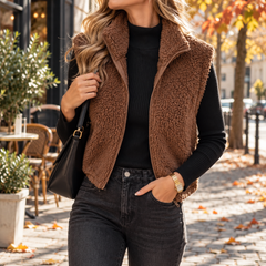 Gilet donna marrone smanicato con collo alto e zip frontale aperta