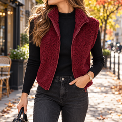 Gilet donna rosso dalla superficie riccioluta con zip e collo montante