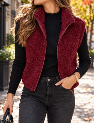 Gilet donna rosso dalla superficie riccioluta con zip e collo montante