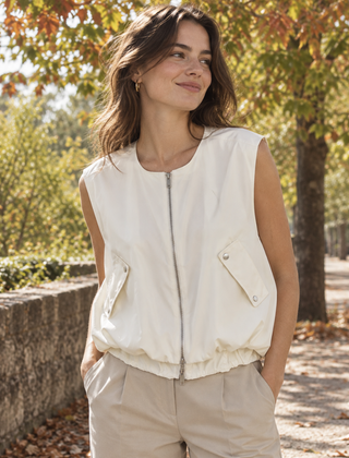 Gilet donna bianco smanicato con zip frontale e fondo arricciato, su pantaloni beige