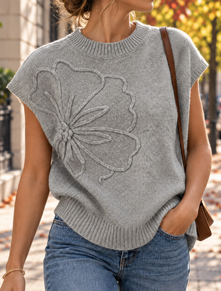 Gilet grigio donna in maglia con fiore in rilievo e maniche ad aletta