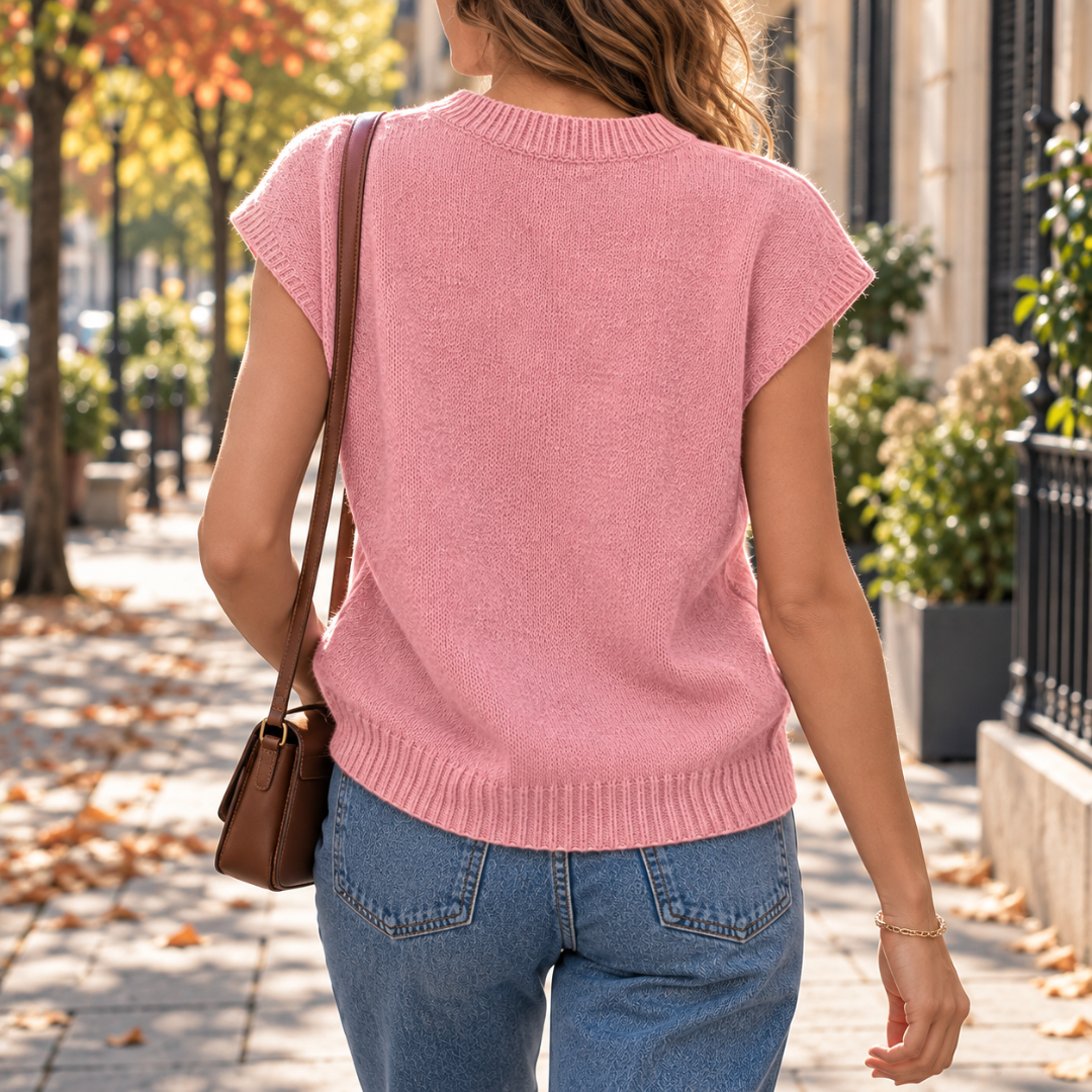 Retro del gilet rosa in maglia con bordo a coste sul fondo