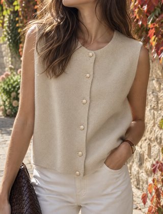 Gilet donna beige in maglia senza maniche con bottoni chiari effetto perla