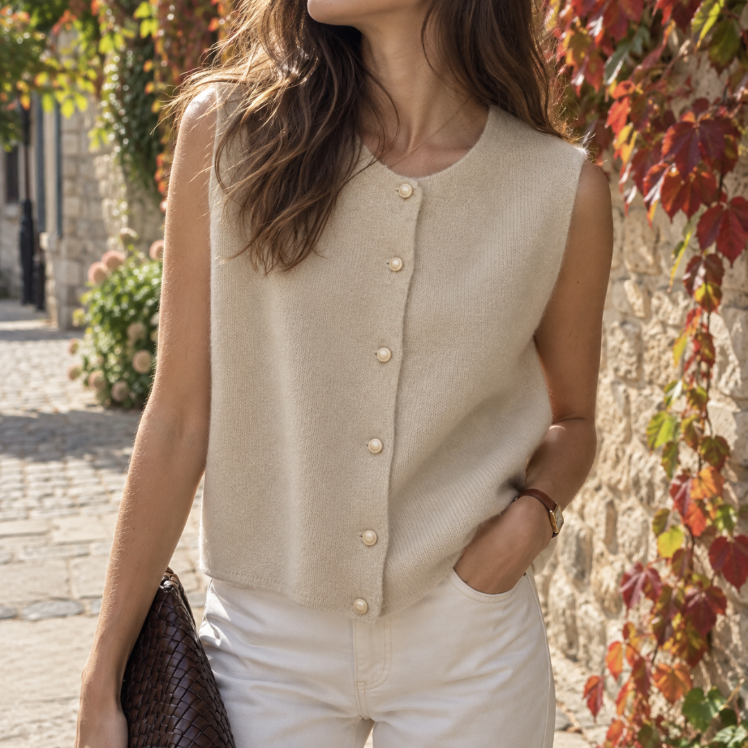 Gilet donna beige in maglia senza maniche con bottoni chiari effetto perla