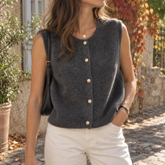 Gilet donna grigio scuro in maglia con abbottonatura frontale e girocollo