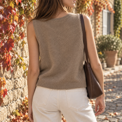 Retro del gilet donna kaki in maglia con girocollo e bordo inferiore a coste