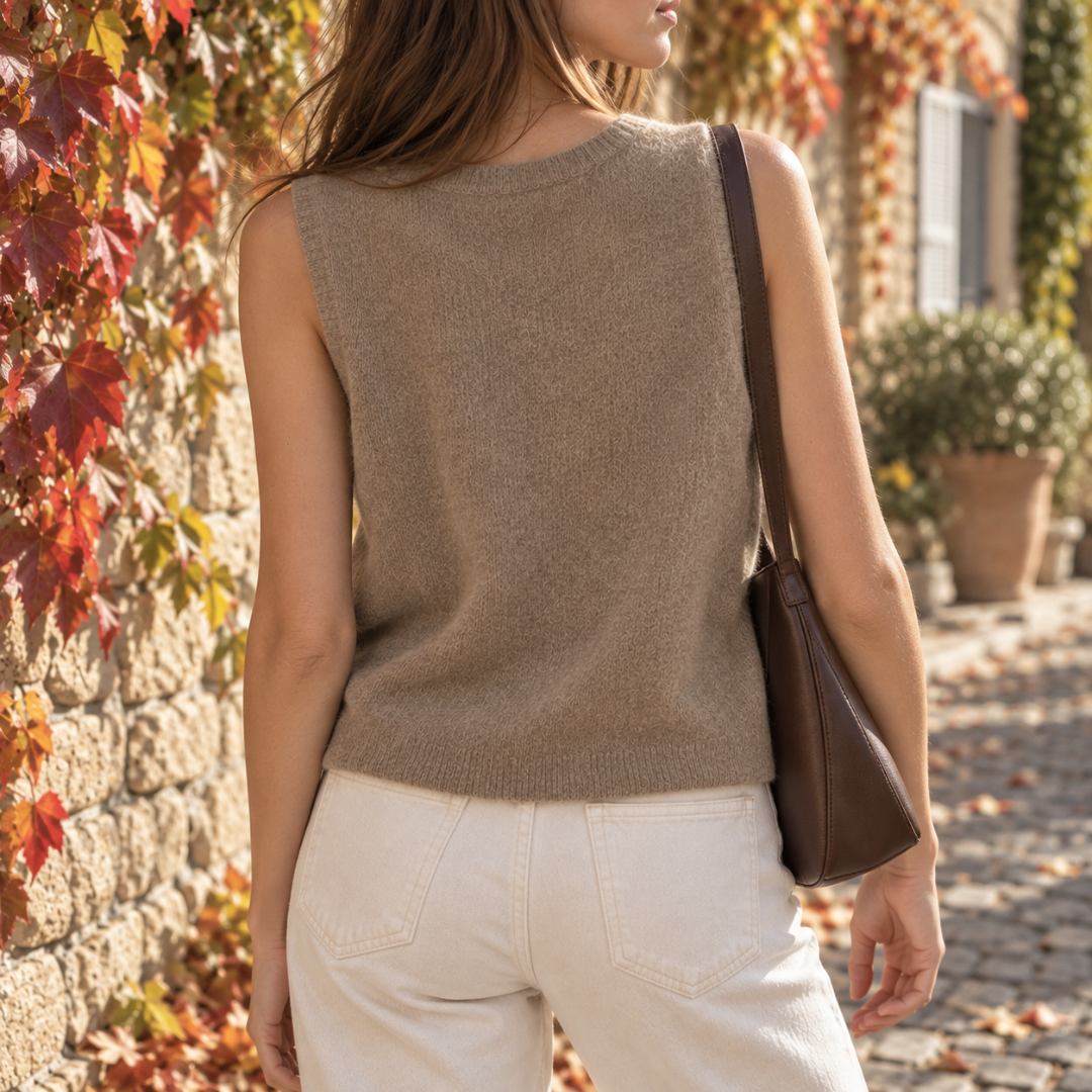 Retro del gilet donna kaki in maglia con girocollo e bordo inferiore a coste