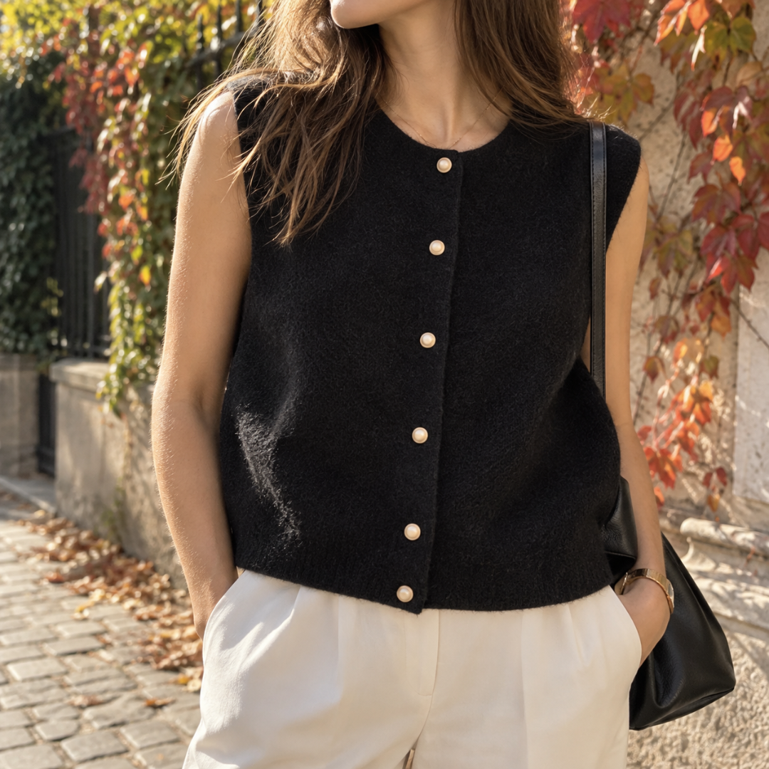 Gilet donna nero senza maniche con bottoni chiari e linea corta