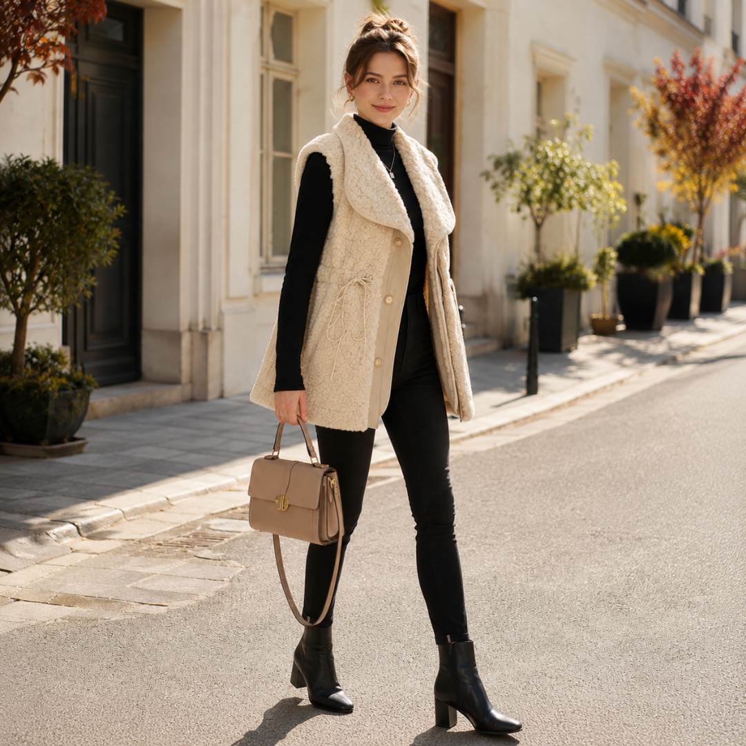Gilet donna albicocca abbinato a dolcevita nero, pantaloni skinny e stivaletti