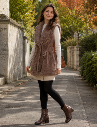 Gilet donna marrone smanicato con ampio collo a scialle e bottoni