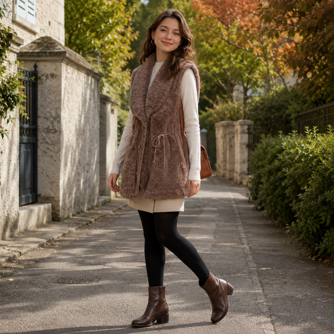 Gilet donna marrone smanicato con ampio collo a scialle e bottoni