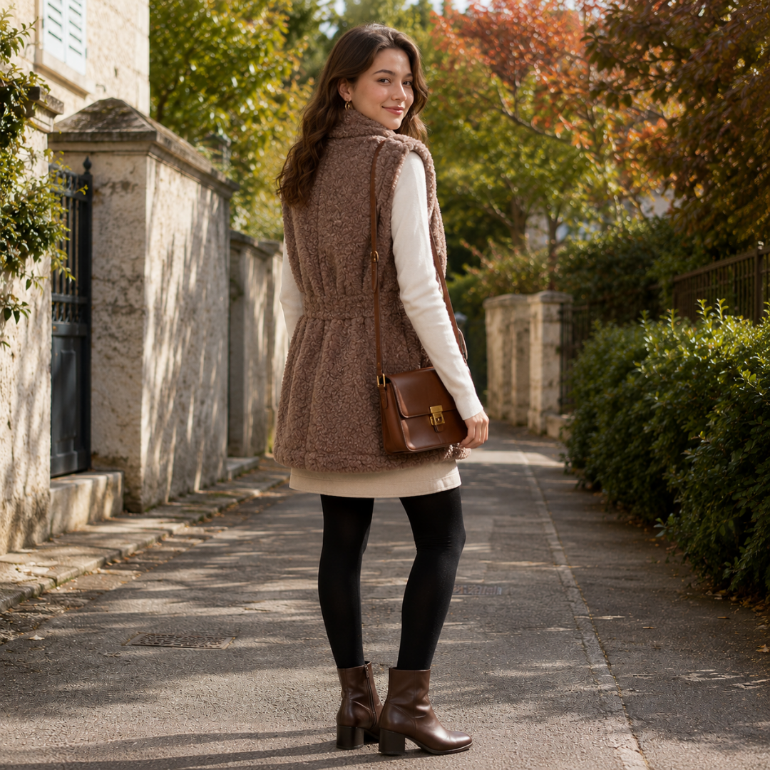 Retro del gilet marrone con coulisse in vita e orlo arrotondato