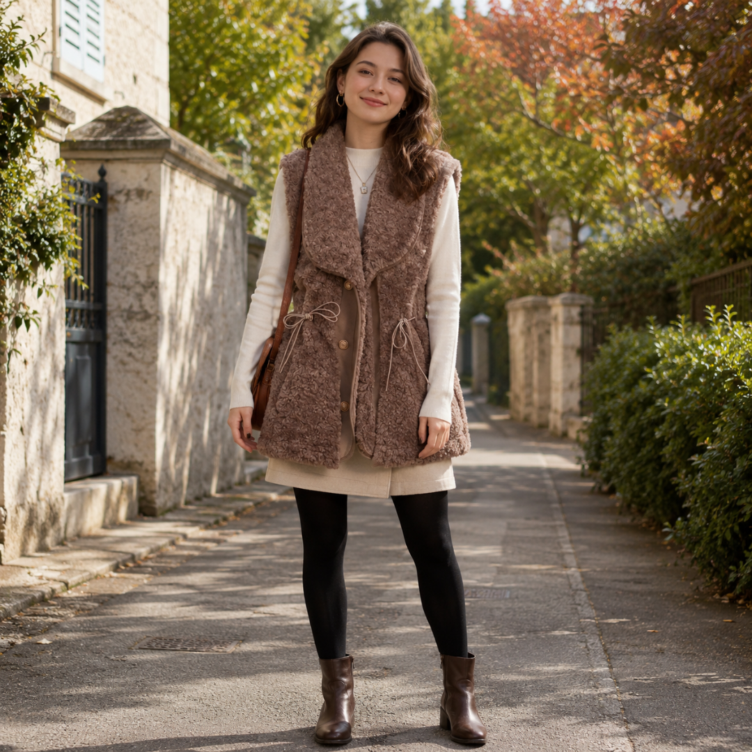 Gilet donna marrone su maglia bianca, collant neri e stivaletti