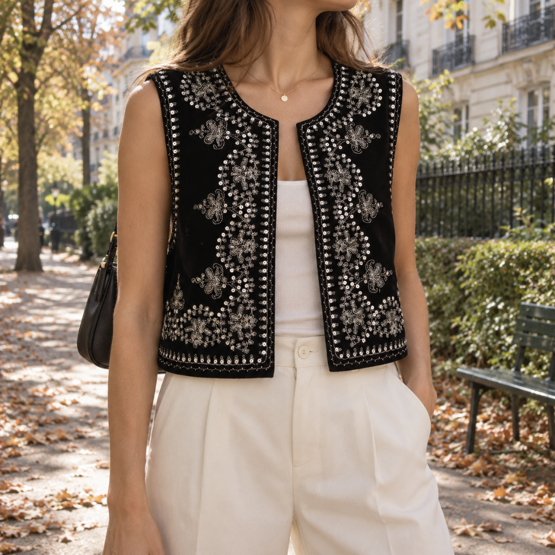 Gilet donna nero smanicato con ricami floreali argentati e bordi decorati