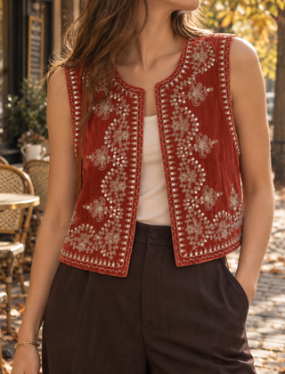 Gilet donna rosso ricamato, aperto sul davanti con motivi floreali decorati