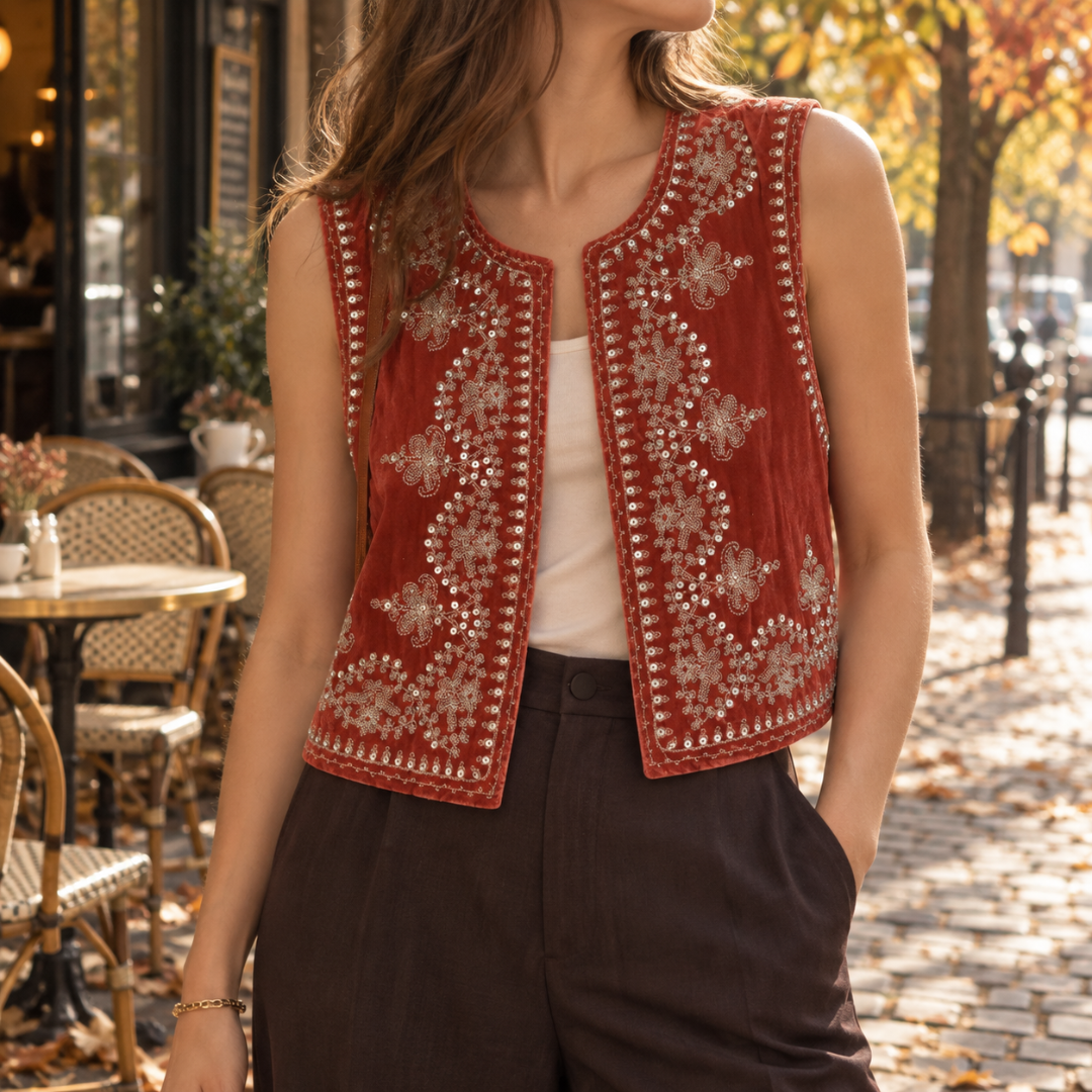 Gilet donna rosso ricamato, aperto sul davanti con motivi floreali decorati