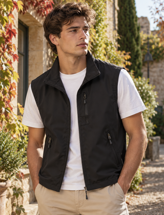 Gilet uomo nero smanicato con collo alto e tasche laterali con zip