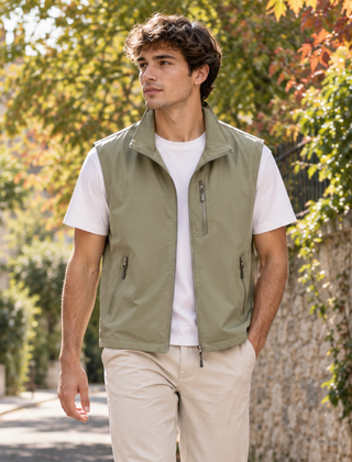 Gilet uomo verde chiaro con zip aperta, collo alto e tasca sul petto