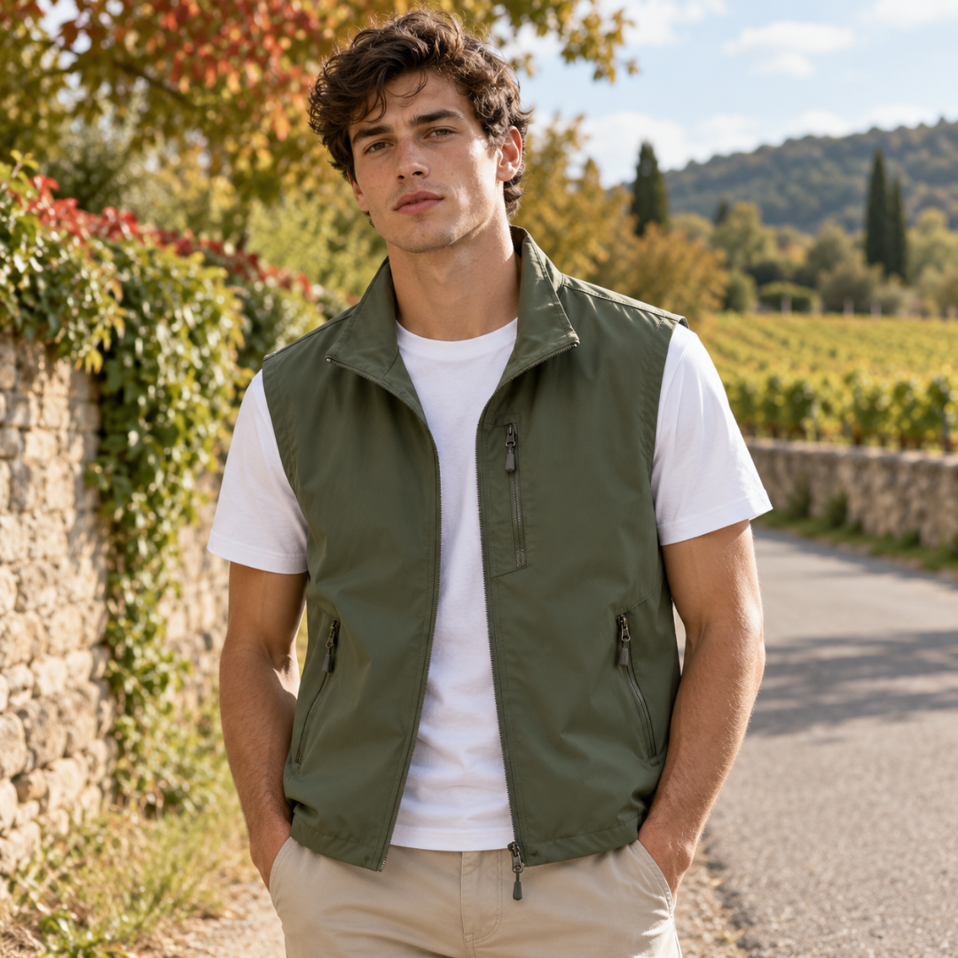 Gilet uomo verde militare con collo alto e tre tasche con zip