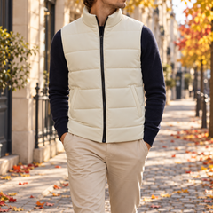 Gilet uomo imbottito bianco con collo alto e zip nera a contrasto