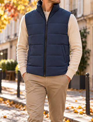 Gilet uomo blu navy smanicato con collo alto e zip integrale nera