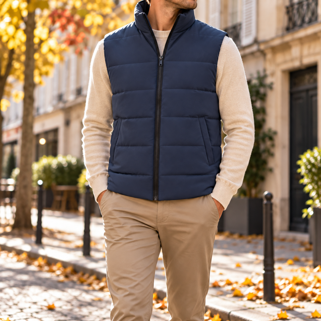 Gilet uomo blu navy smanicato con collo alto e zip integrale nera