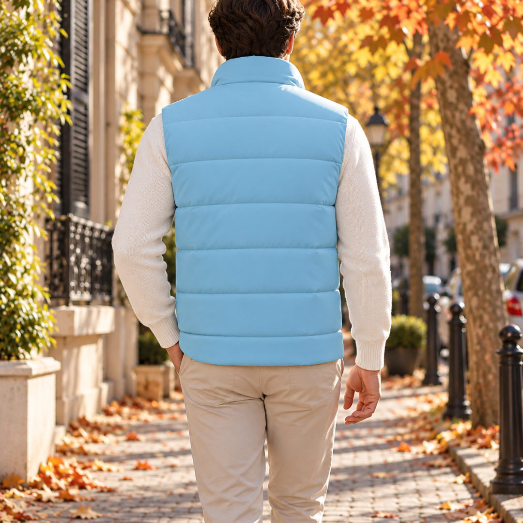 Retro del gilet celeste imbottito con trapuntatura orizzontale e collo alto